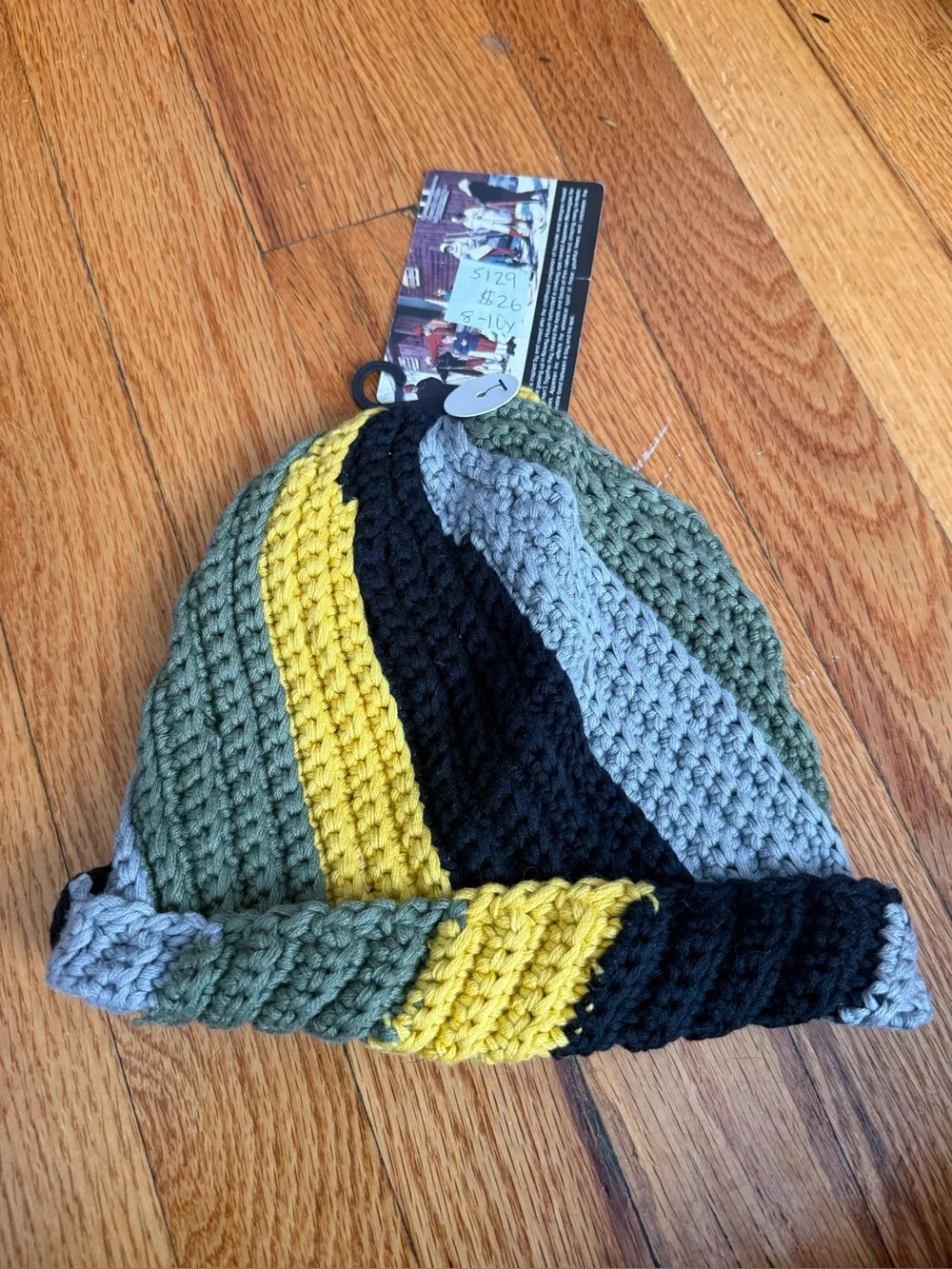 Kids Striped Knit Beanie - Green, Yellow, Black, Gray